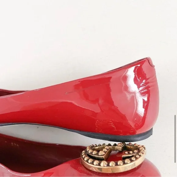 🎁❤️Gucci Red GG Logo Ballet Flats EU 37.5 US 7.5 Studded Patent Interlocking GG - Picture 6 of 8
